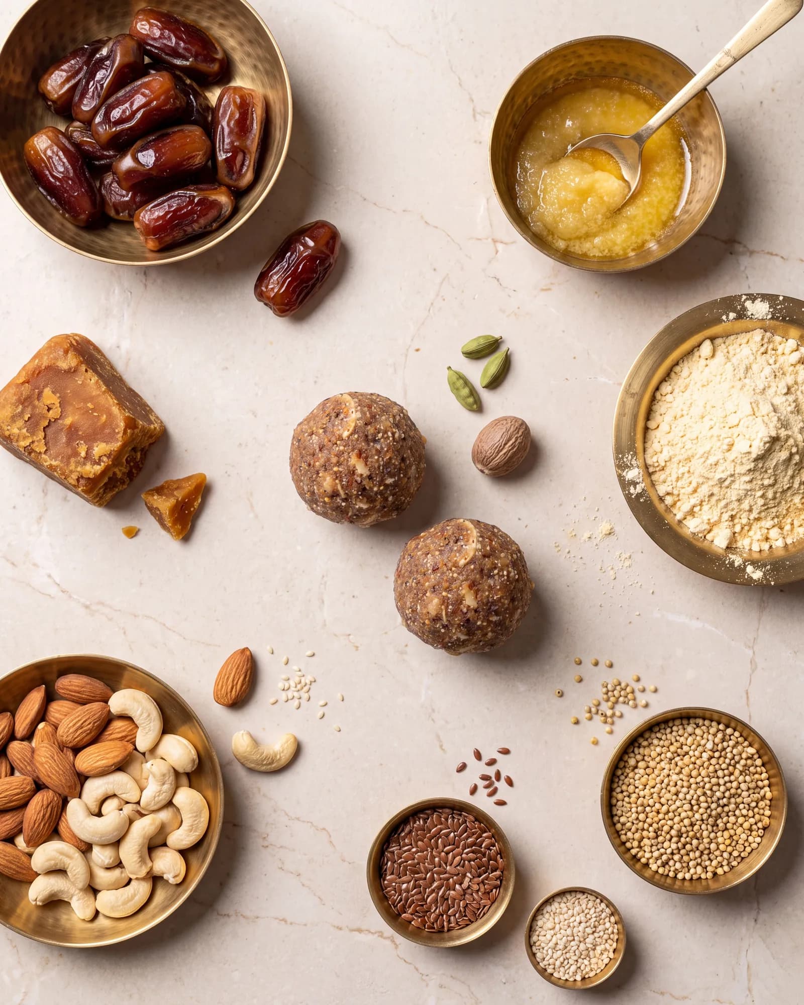 Laddoos surrounded by dates, nuts, seeds, spices and bowls of ingredients
